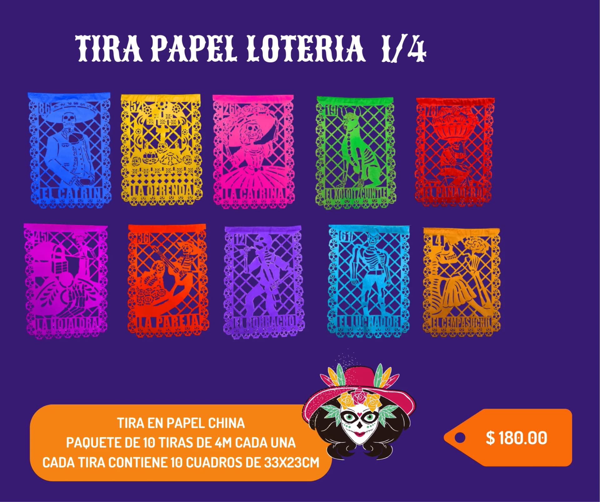 Tira Papel Loteria 1/4 - Día de Muertos (Papel China) - Catálogo VIP