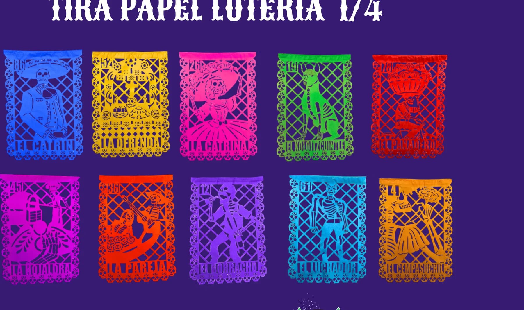 Tira Papel Loteria 1/4 - Día de Muertos (Papel China) - Diseño - Papel Picado Auténtico DecorameC