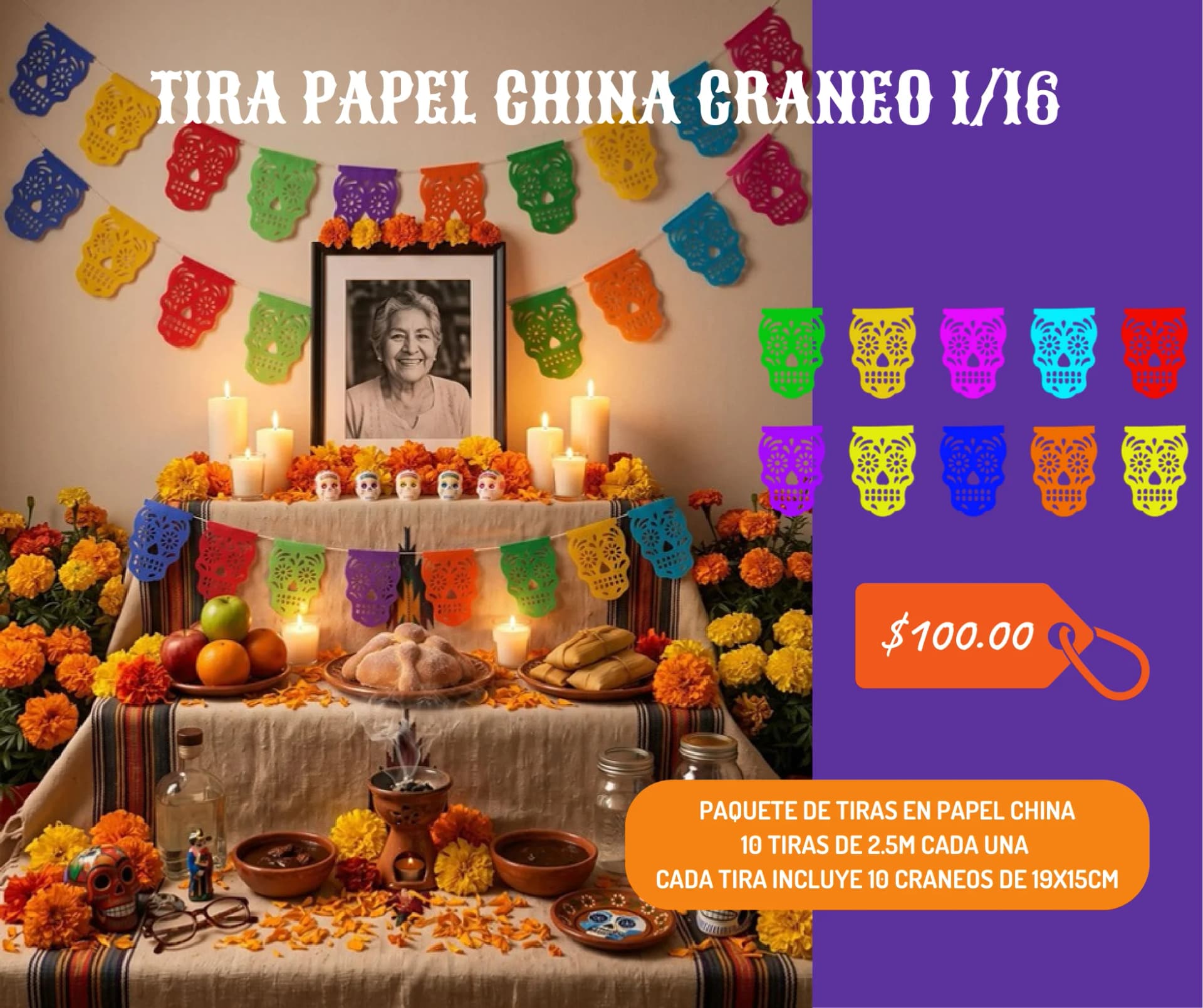 Tira Papel China Craneo 1/16 - Día de Muertos (Papel China) - Catálogo VIP