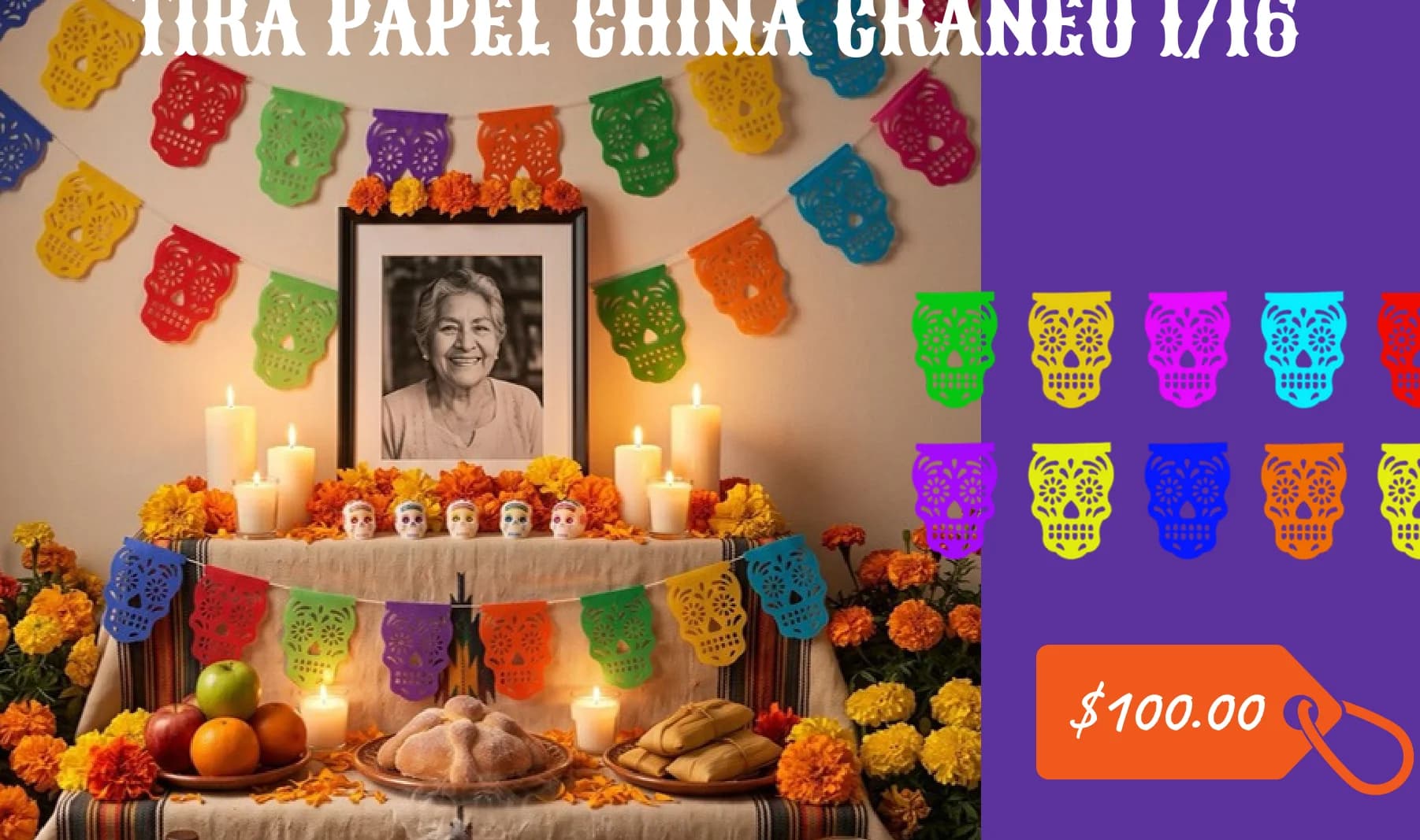 Tira Papel China Craneo 1/16 - Día de Muertos (Papel China) - Diseño - Papel Picado Auténtico DecorameC