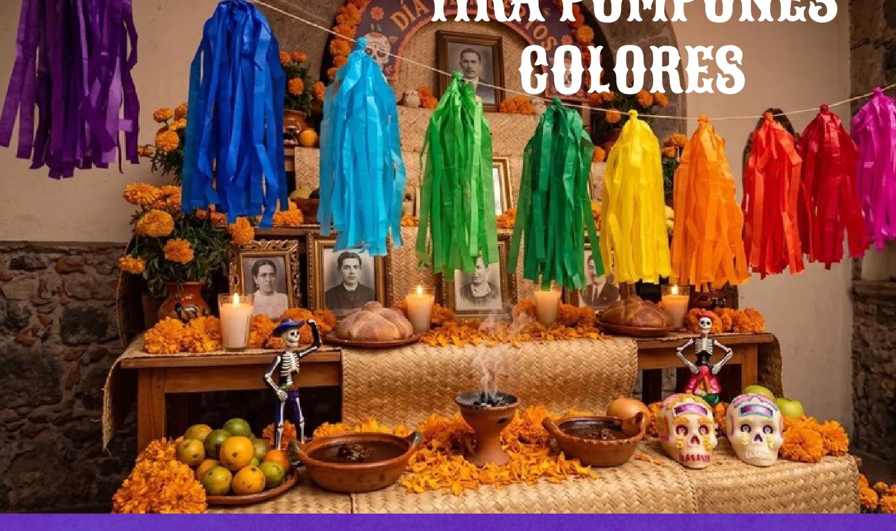 Tira Pompones - Día de Muertos (Papel China) - Diseño - Papel Picado Auténtico DecorameC