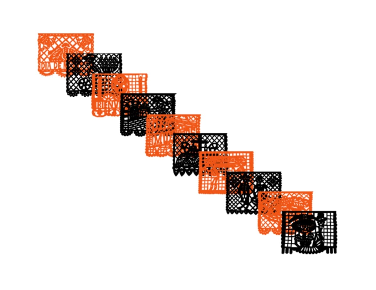 Papel Picado Día de Muertos Naranja y Negro Plastico Picado - Fabricado en Huixcolotla Puebla por DecorameC Papel Picado Dia de Muertos Naranja con Negro Plastico Picado en Tira - Papel Picado Auténtico DecorameC