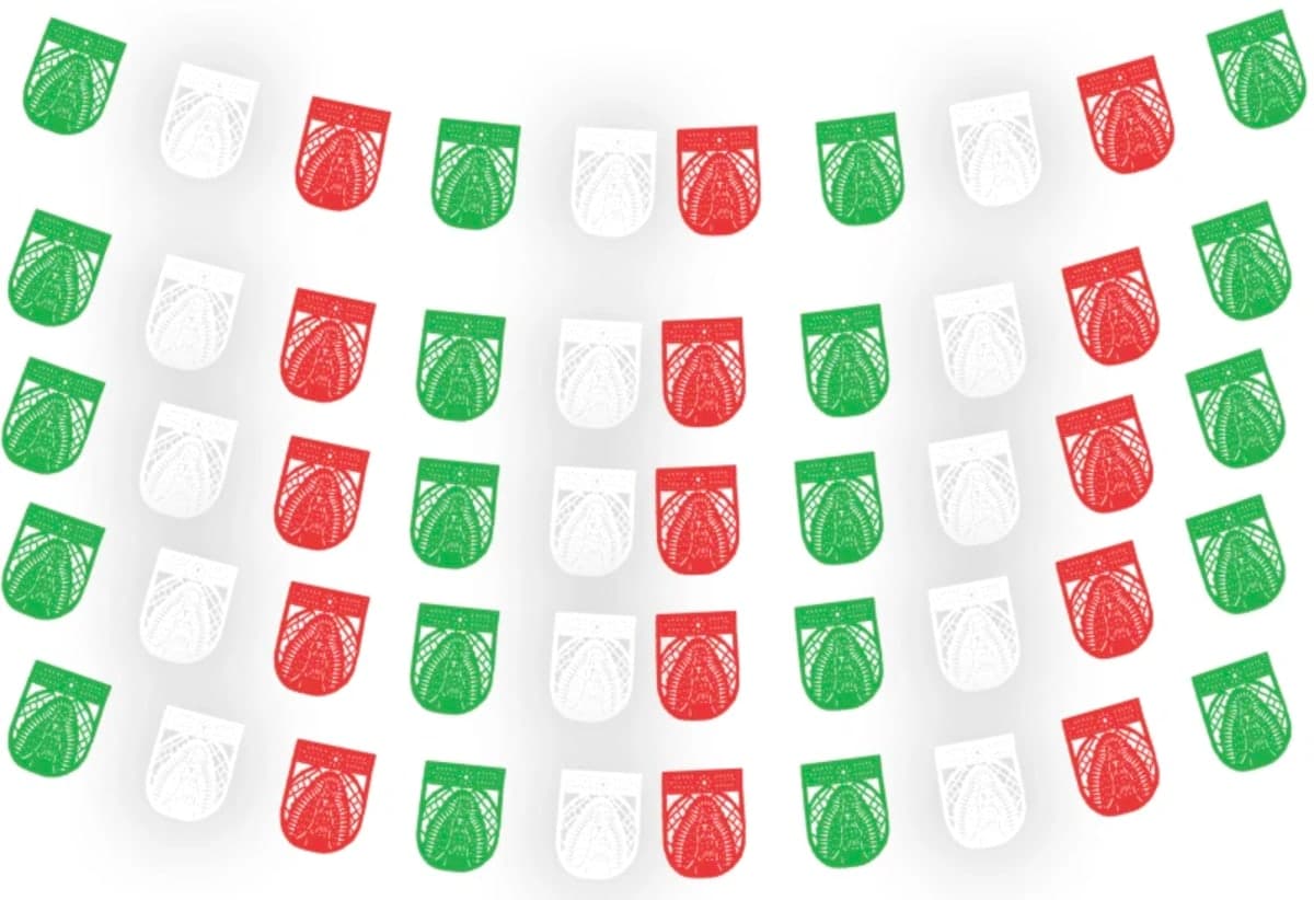 Enramada Virgen de Guadalupe 12 de Diciembre Tricolor - Fabricado en Huixcolotla Puebla por DecorameC Enramada Virgen de Guadalupe 12 de diciembre tricolor en plastico picado - Papel Picado Auténtico DecorameC