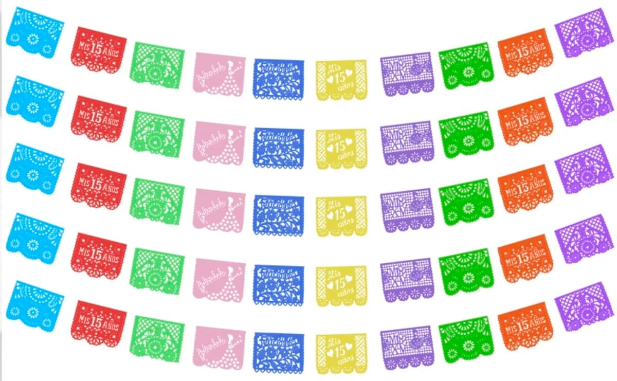 Tira de Plástico Picado para XV Años Lista para Colgar - Fabricado en Huixcolotla Puebla por DecorameC TIRA DE XV AÑOS ENRAMADA LISTA PARA COLGAR DE PLASTICO PICADO - Papel Picado Auténtico DecorameC