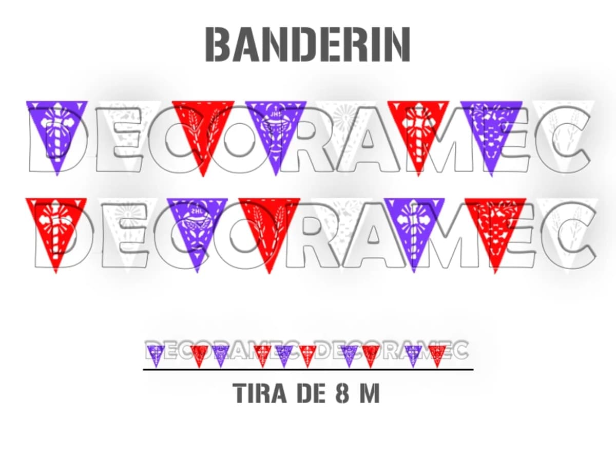 Banderín Triangular Religioso Morado, Blanco y Rojo - Fabricado en Huixcolotla Puebla por DecorameC Banderin Religioso Morado, Blanco y Rojo - Papel Picado Auténtico DecorameC
