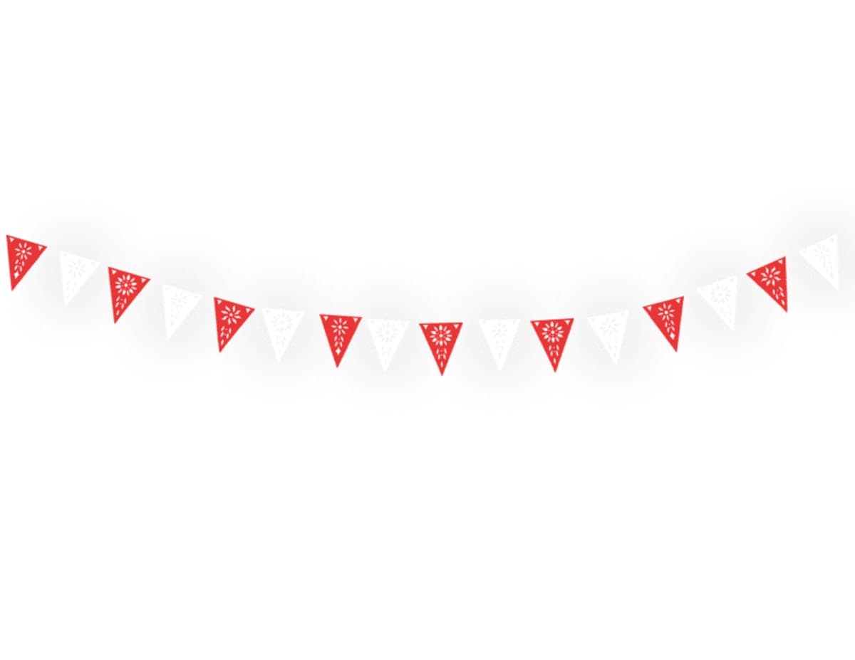 Banderin Rojo con Blanco Plastico Picado en Tira Triangular - Fabricado en Huixcolotla Puebla por DecorameC Banderin Rojo con Blanco Plastico Picado en Tira Triangular - Papel Picado Auténtico DecorameC