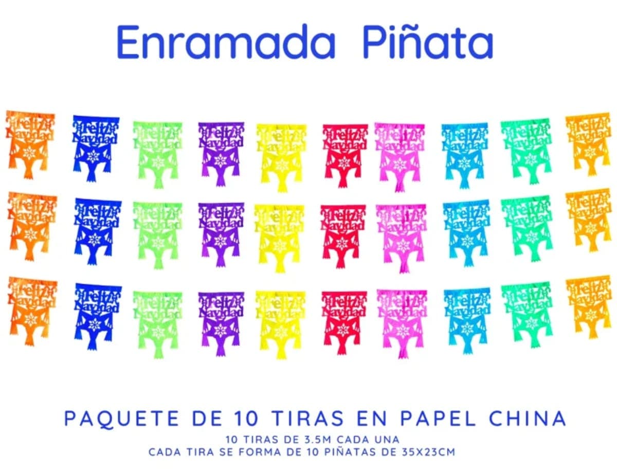 Enramada de Papel Picado Piñata Feliz Navidad Para Exterior - Fabricado en Huixcolotla Puebla por DecorameC Enramada Piñata Feliz Navidad Papel Picado DECORAMEC - Papel Picado Auténtico DecorameC