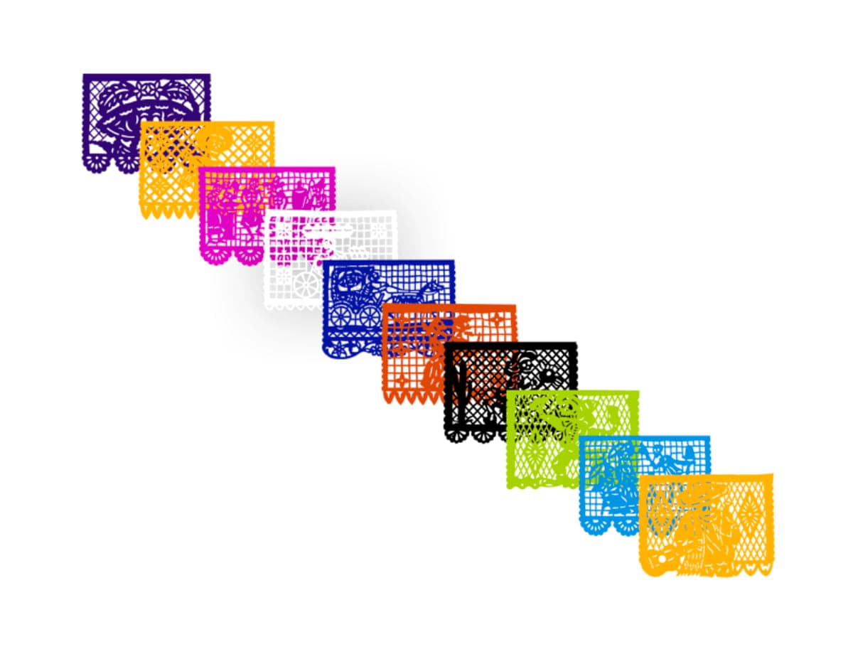Tira de Medio Pliego Papel Picado Día de Muertos | DECORAMEC - Fabricado en Huixcolotla Puebla por DecorameC Enramada Tira de Medio Pliego en Papel Picado Listo para Envio - Papel Picado Auténtico DecorameC