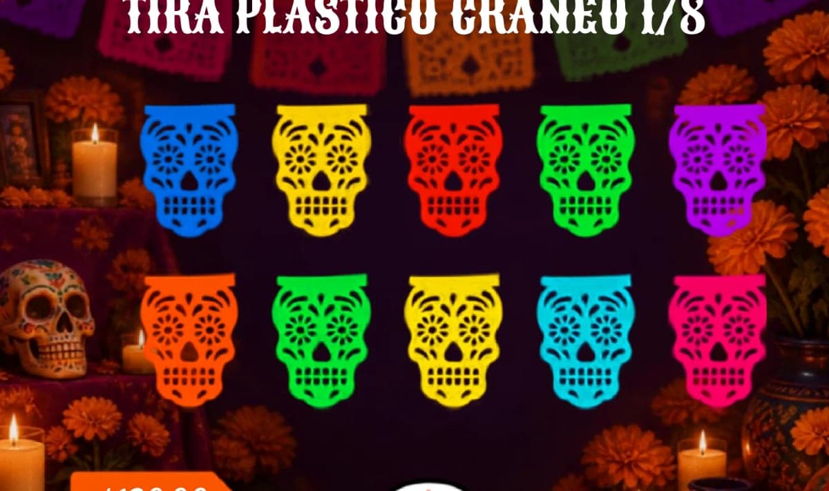 Tira Plastico Craneo 1/8 - Día de Muertos (Plastico) - Fabricado en Huixcolotla Puebla por DecorameC Tira Plastico Craneo 1/8 - Día de Muertos (Plastico) - Diseño - Papel Picado Auténtico DecorameC