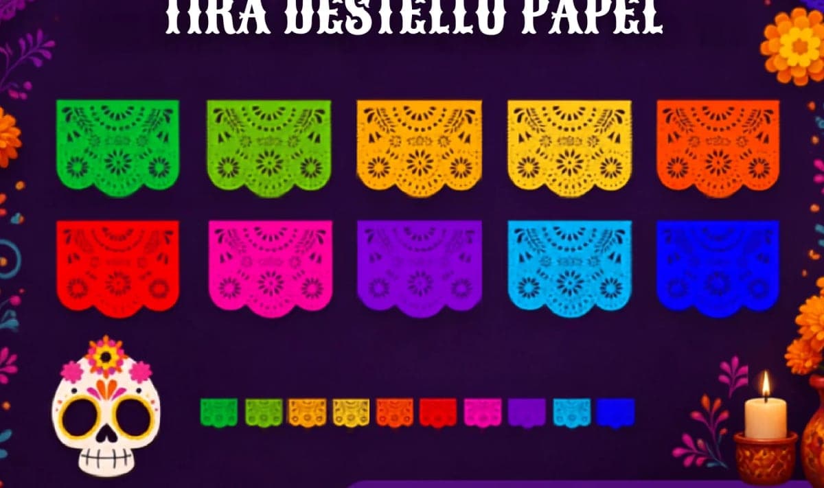Tira Destello Papel - Día de Muertos (Papel China) - Fabricado en Huixcolotla Puebla por DecorameC Tira Destello Papel - Día de Muertos (Papel China) - Diseño - Papel Picado Auténtico DecorameC