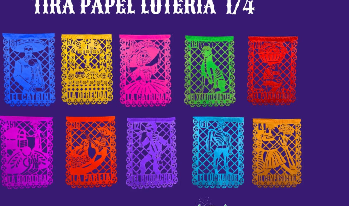 Tira Papel Loteria 1/4 - Día de Muertos (Papel China) - Fabricado en Huixcolotla Puebla por DecorameC Tira Papel Loteria 1/4 - Día de Muertos (Papel China) - Diseño - Papel Picado Auténtico DecorameC