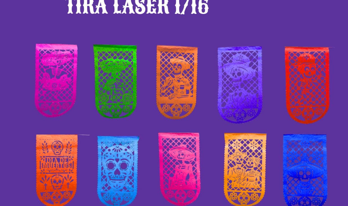 Tira Laser 1/16 - Día de Muertos (Papel China) - Fabricado en Huixcolotla Puebla por DecorameC Tira Laser 1/16 - Día de Muertos (Papel China) - Diseño - Papel Picado Auténtico DecorameC