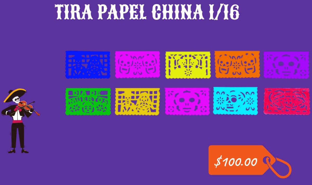 Tira Papel China 1/16 - Día de Muertos (Papel China) - Fabricado en Huixcolotla Puebla por DecorameC Tira Papel China 1/16 - Día de Muertos (Papel China) - Diseño - Papel Picado Auténtico DecorameC