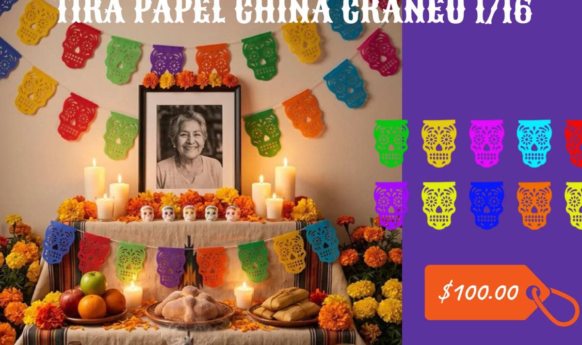 Tira Papel China Craneo 1/16 - Día de Muertos (Papel China) - Fabricado en Huixcolotla Puebla por DecorameC Tira Papel China Craneo 1/16 - Día de Muertos (Papel China) - Diseño - Papel Picado Auténtico DecorameC
