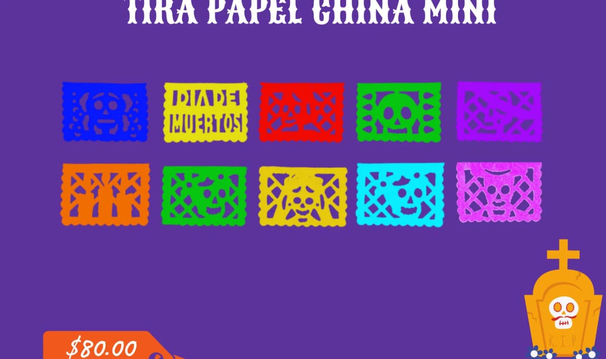 Tira Papel China Mini - Día de Muertos (Papel China) - Fabricado en Huixcolotla Puebla por DecorameC Tira Papel China Mini - Día de Muertos (Papel China) - Diseño - Papel Picado Auténtico DecorameC