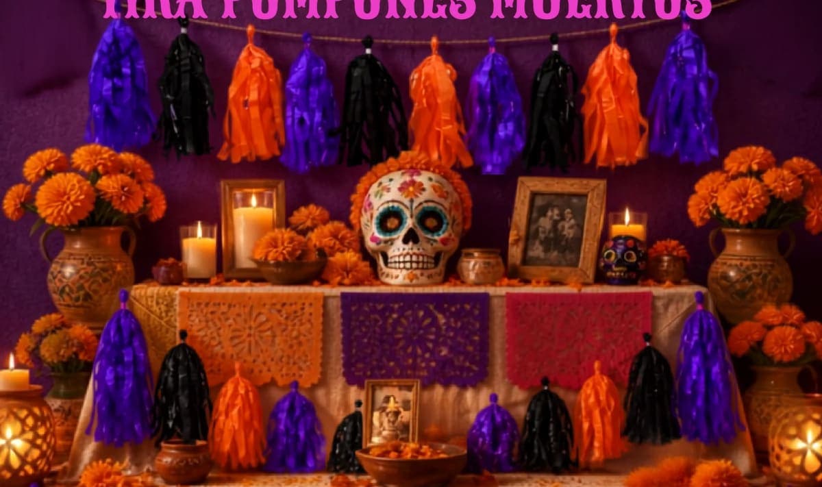 Tira Pompones Muertos - Día de Muertos (Papel China) - Fabricado en Huixcolotla Puebla por DecorameC Tira Pompones Muertos - Día de Muertos (Papel China) - Diseño - Papel Picado Auténtico DecorameC