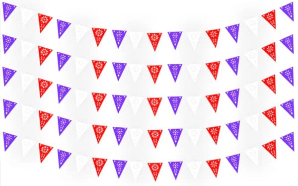 Banderín Triangular Religioso Morado, Blanco y Rojo | Papel Picado DecorameC Huixcolotla Puebla Banderin Religioso Morado, Blanco y Rojo - Papel Picado Artesanal DecorameC