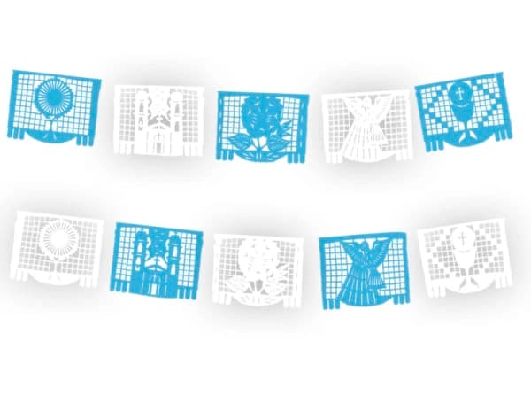 Tira Rectangular Religiosa Azul con Blanco | Plástico Picado | Papel Picado DecorameC Huixcolotla Puebla Tira Rectangular Religioso Azul con Blanco tira de Plastico Picado - Papel Picado Artesanal DecorameC