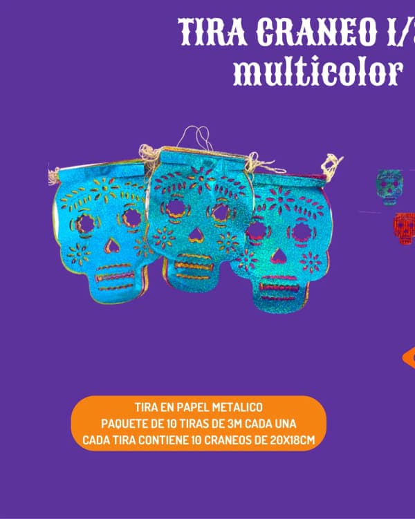 Tira Craneo 1/8 - Día de Muertos (Papel Metalico) | Papel Picado DecorameC Huixcolotla Puebla Tira Craneo 1/8 - Día de Muertos (Papel Metalico) - Diseño - Papel Picado Artesanal DecorameC