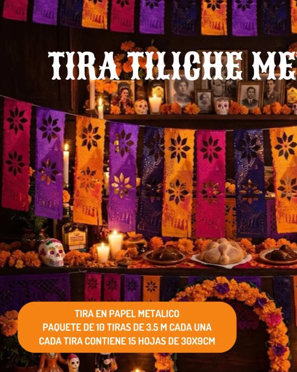 Tira Tiliche Metalico - Día de Muertos (Papel Metalico) | Papel Picado DecorameC Huixcolotla Puebla Tira Tiliche Metalico - Día de Muertos (Papel Metalico) - Diseño - Papel Picado Artesanal DecorameC