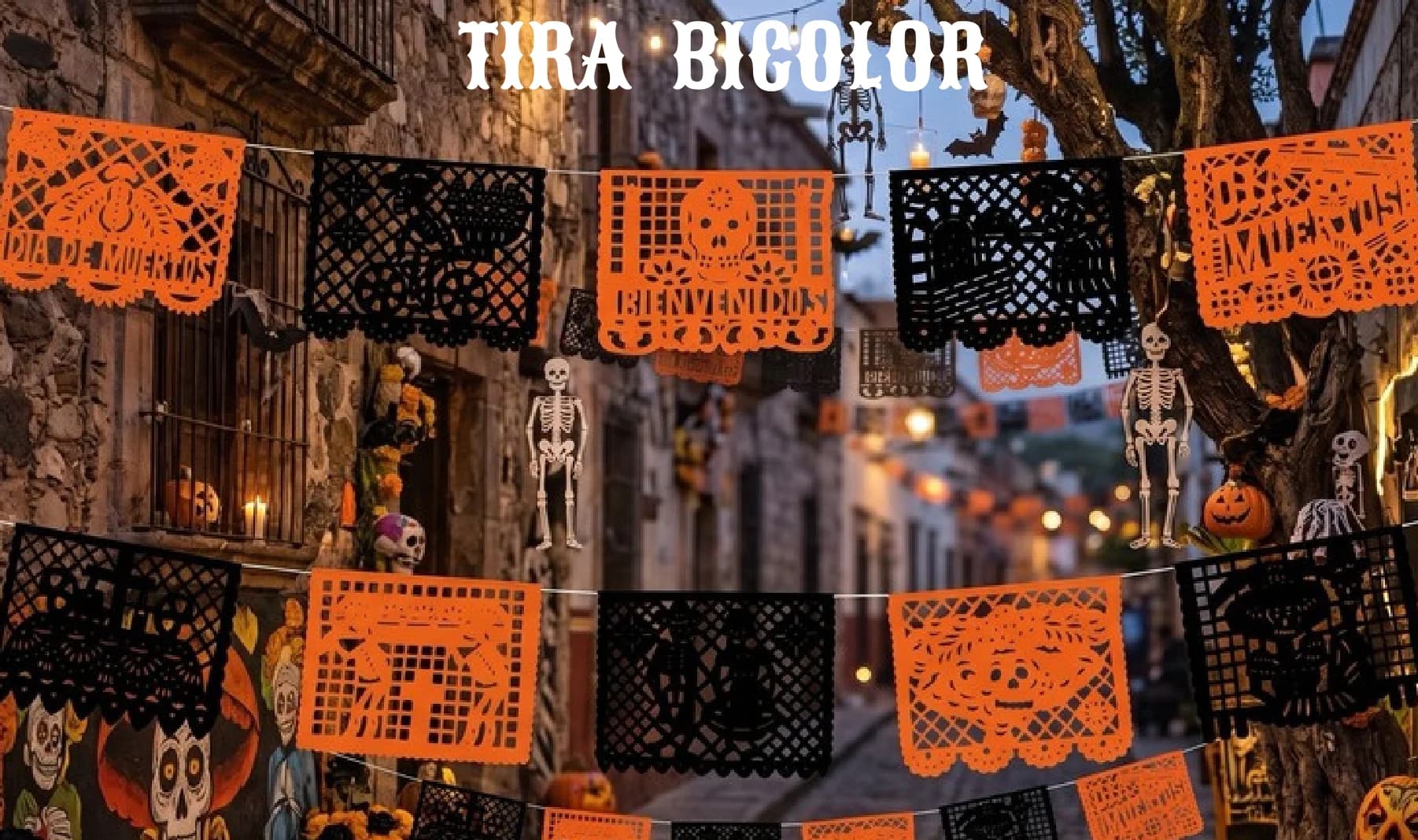 Tira Bicolor - Día de Muertos (Plastico) - Fabricado en Huixcolotla Puebla por DecorameC Tira Bicolor - Día de Muertos (Plastico) - Diseño - Papel Picado Auténtico DecorameC