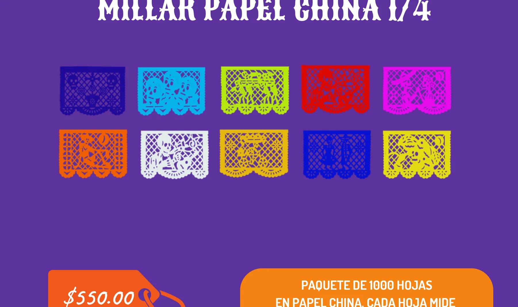 Millar Papel China 1/4 - Día de Muertos (Papel China) - Fabricado en Huixcolotla Puebla por DecorameC Millar Papel China 1/4 - Día de Muertos (Papel China) - Diseño - Papel Picado Auténtico DecorameC